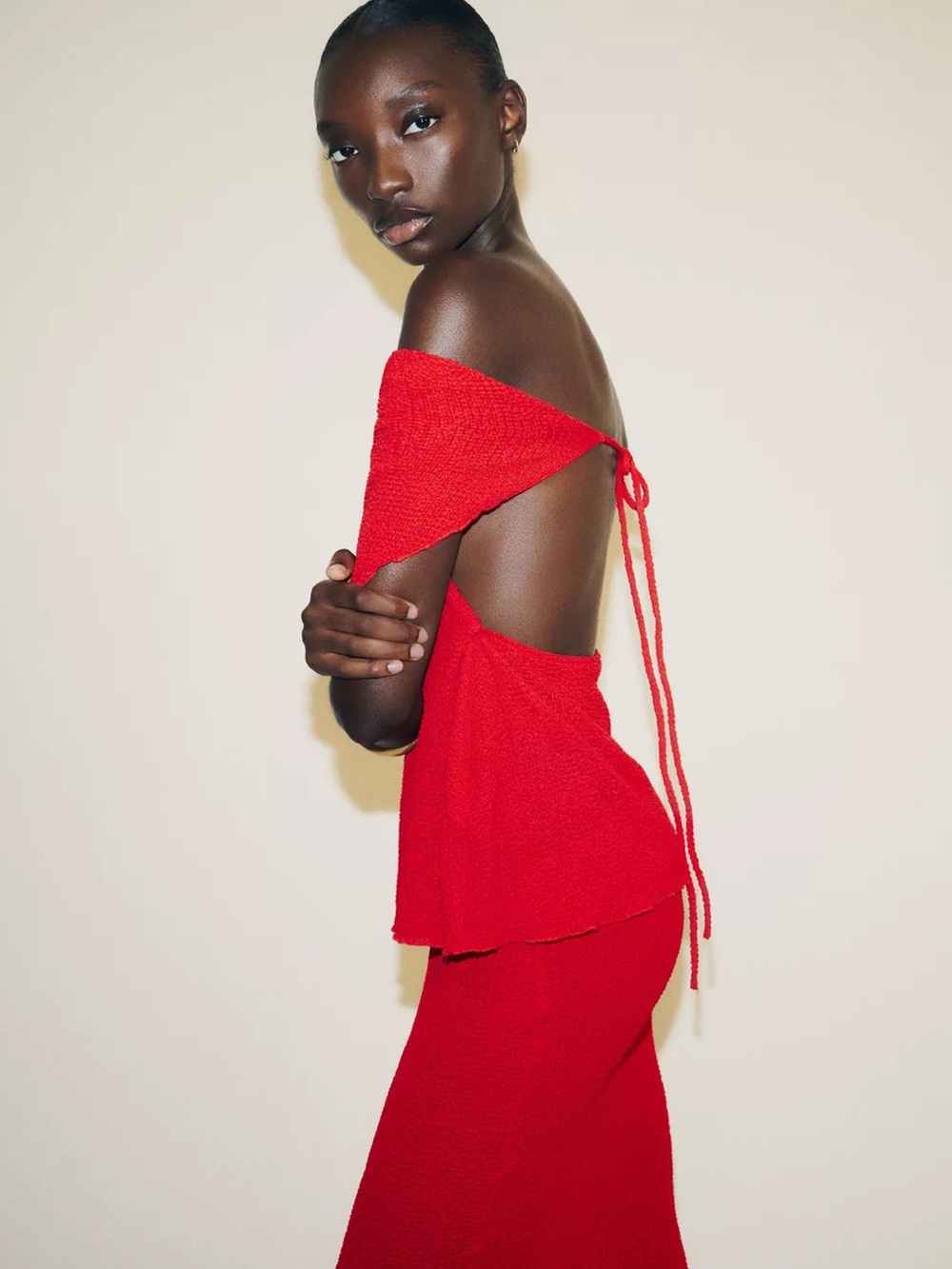Zara Red Off-Shoulder Open-Back Knit Top